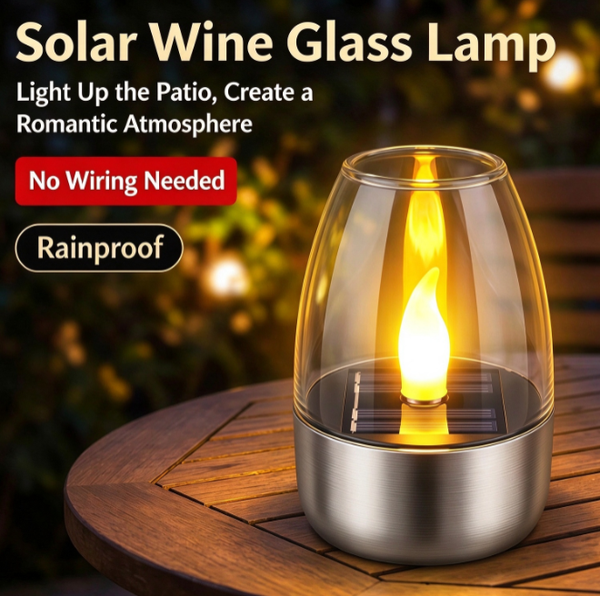 Solar Wine Glass Lamp | Outdoor Waterproof Stainless Steel Flickering Flame Night Light | Romantic Ambience for Patio, Deck & Table
