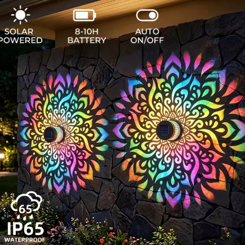 2Pcs Solar Outdoor Mandala Wall Light - Color Changing Waterproof Garden Decoration Christmas Lights