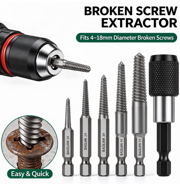 5Pcs Broken Screw Extractor Set | Reverse-Thread Screw Extractor for Electric Drills | The Ultimate Tool for Stripped, Rusted, or Broken Screws | 1/4" Hex Shank + Self-Locking Extension Bar