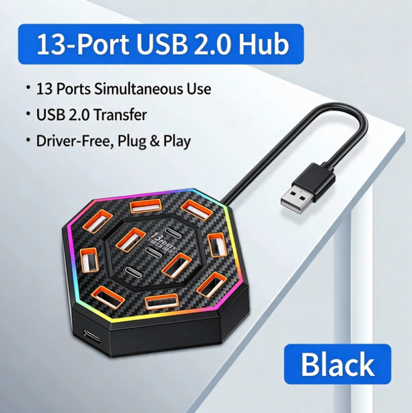 13-Port PC Multifunction Docking Station | 10 USB 2.0 Ports + 3 Type-C Ports | Easily Access 18TB Hard Drives | Cool RGB Ambient Lighting | Plug-and-Play Support for Multiple Operating Systems Without Drivers