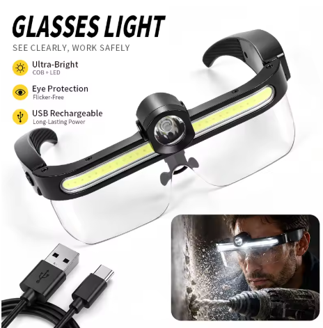 Anti Splash, Anti Wind, and Dust-Proof Lens Headlamp LED Glasses Headlamp COB Wide Angle Flood Light Type-C Rechargeable 5 Modes IPX4 800mAh Dual Source Outdoor Fishing Light