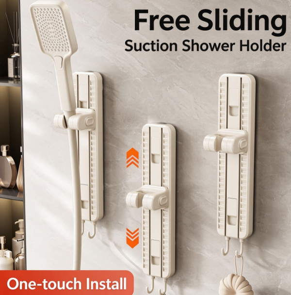 No-Drill Suction Cup Shower Head Holder | Adjustable Height Slider Bracket for Handheld Shower | Removable & Reusable Wall Mount for Bathroom