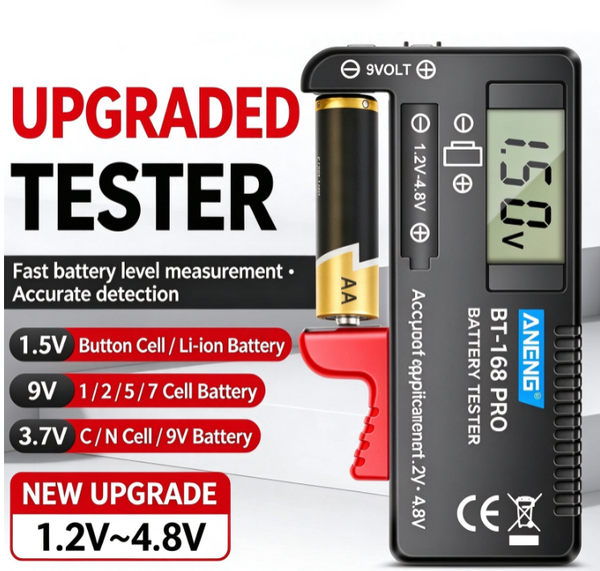 Universal Battery Tester - Digital LCD Battery Checker for 9V, 1.5V, 3.7V, AA, AAA, C, D, N, 16340, 10440, 14500 Batteries - No Battery Required