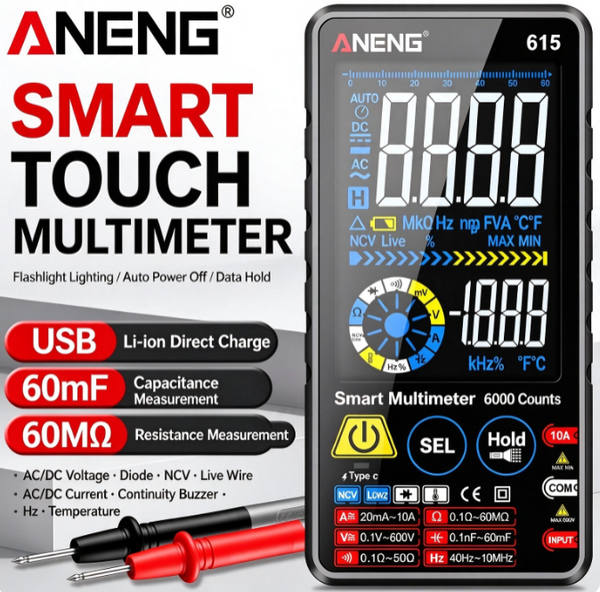 615 Smart Touch Multimeter | USB Direct-Charge, Burn-Proof, High-Precision Digital Multimeter with 6,000-Count Display | NCV Non-Contact Voltage Detection | Neutral and Live Wire Identification | Color Backlit Display