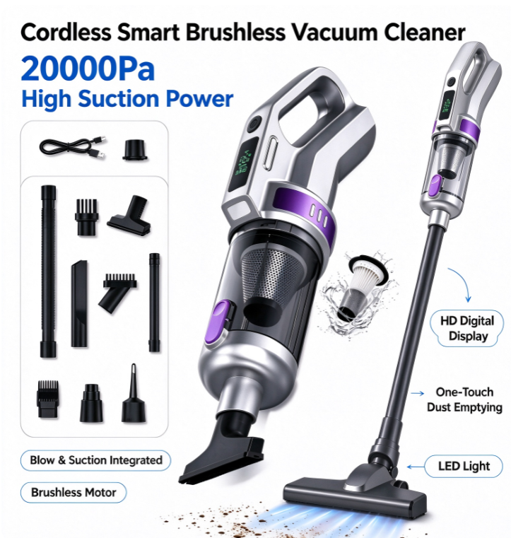 20000PA Cordless Car/Home Vacuum Cleaner, Smart Brushless Handheld Vacuum with HD Display, 4-in-1 Suction Blower & Inflator for Car Home Office