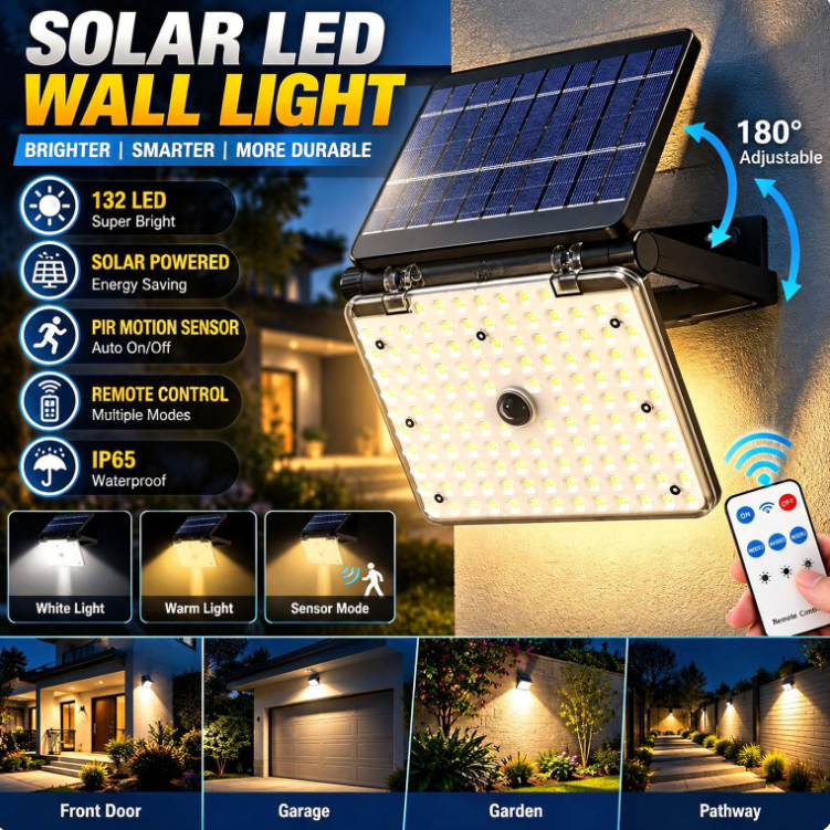 200Watts Solar-Powered Outdoor 132 LEDs Flood Light, IP66 Waterproof Rating, Motion Sensor, and 3 Modes