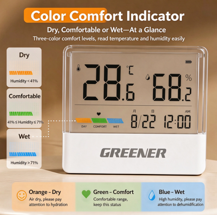 Transparent Floating-Screen Clock, Thermometer, and Hygrometer | High-Precision Indoor Digital Thermometer with Clock, Alarm, and Night Light | One-Touch Backlight
