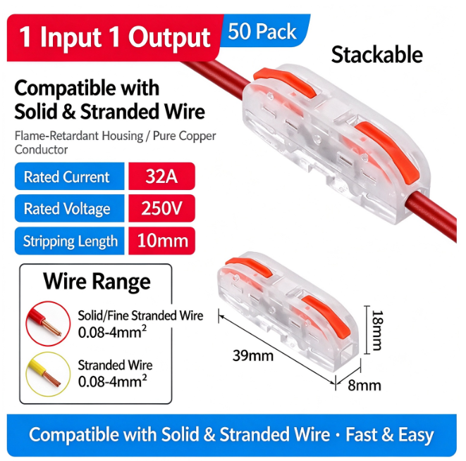 50Pcs Quick-Connect Terminal Blocks (1 In, 1 Out) Modular| Compatible with Both Flexible and Rigid Wires, 32A High-Current Rating, Connectors| Safe and Flame-Retardant