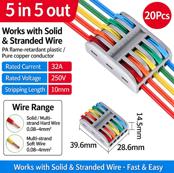 20Pcs PCT Quick-Connect Terminals | 2/3/4/5-Input, Multi-Output Wire Connectors | Compatible with Both Flexible and Rigid Wires, 32A, Flame-Retardant Pure Copper Push-On Connectors