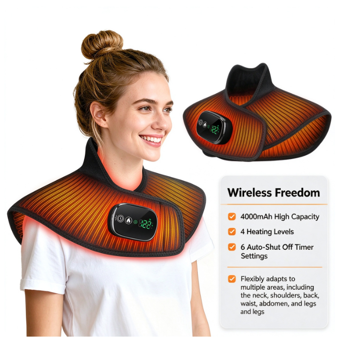 Cordless Heating Pad for Neck and Shoulders | 4000mAh Rechargeable Heated Shawl with 5 Heat Levels & 6 Timers | Portable Deep Relief for Back, Abdomen, and Legs