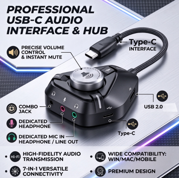 USB External Sound Card 6-in-1 Dock | Separate 3.5mm Headphone and Microphone Jacks | Type-C/USB Dual-Port Hub | Driver-Free Plug-and-Play
