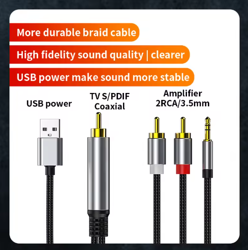 1/2/3/5 meters TV Coaxial to 3.5mm & 2RCA Audio Adapter Cable | Digital S/PDIF to Analog Converter with USB Power | Hi-Fi Braided Cable for TV, Xbox, PS4, Soundbar & Amplifier