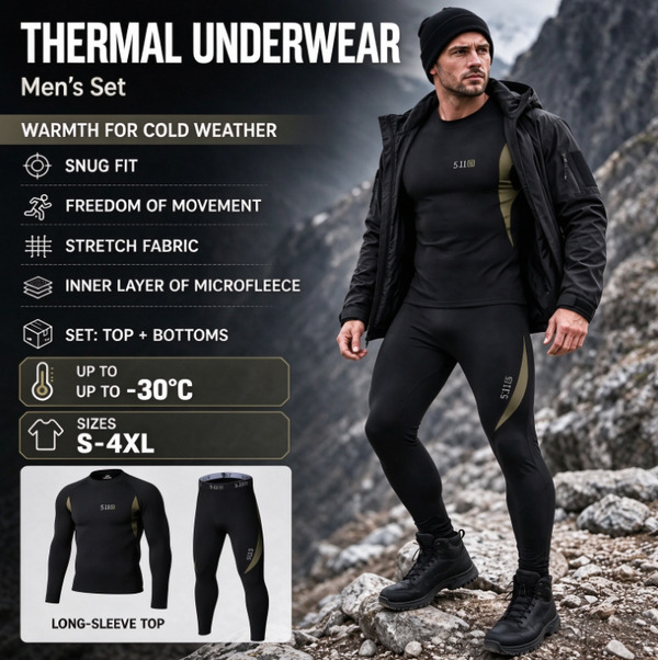 Tactical Men's Thermal Underwear Set | Fleece Lined Base Layer | Moisture-Wicking | Up to -30°C
