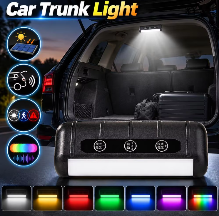 Solar-Powered Multi-Color Touch-Activated Trunk Light | Gravity-Sensing Auto On/Off | 3 Smart Modes | Wireless, No-Wiring Ambient Light