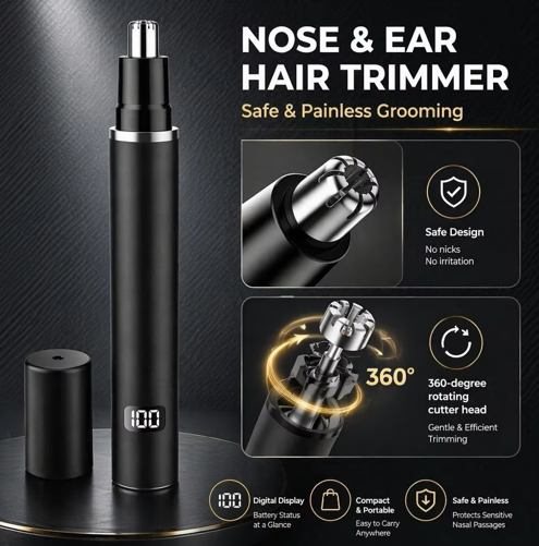 Portable Electric Nose & Ear Hair Trimmer with LED Display | Rechargeable Type-C Painless Grooming Tool for Men & Women