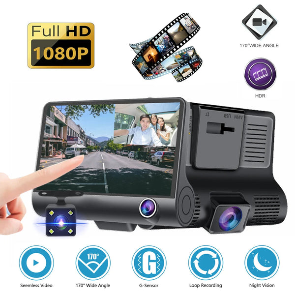 1080P 3 Cameras Lens 4.0 Inch Car DVR Camera 3 Channel Front Inside Rear Video Recorder Night Vision G-sensor Loop Recording Car Camera Recorder Auto DVR