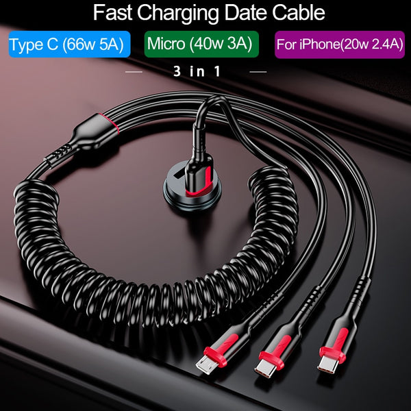 5A 66W 3 IN 1 Fast Charging Spring USB iPhone Type C Cable 1.8Meters