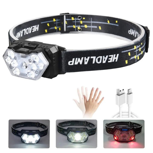 200W 9-Core High-brightness Sensor LED Headlamp With Built-in Rechargeable Battery Waterproof Camping Search Light