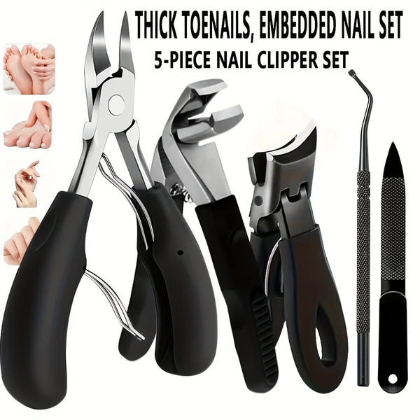 5pcs Professional Heavy-Duty Toenail Clipper Set for Ingrown & Thick Toenails, Stainless Steel Concave Blade, Modern Style with