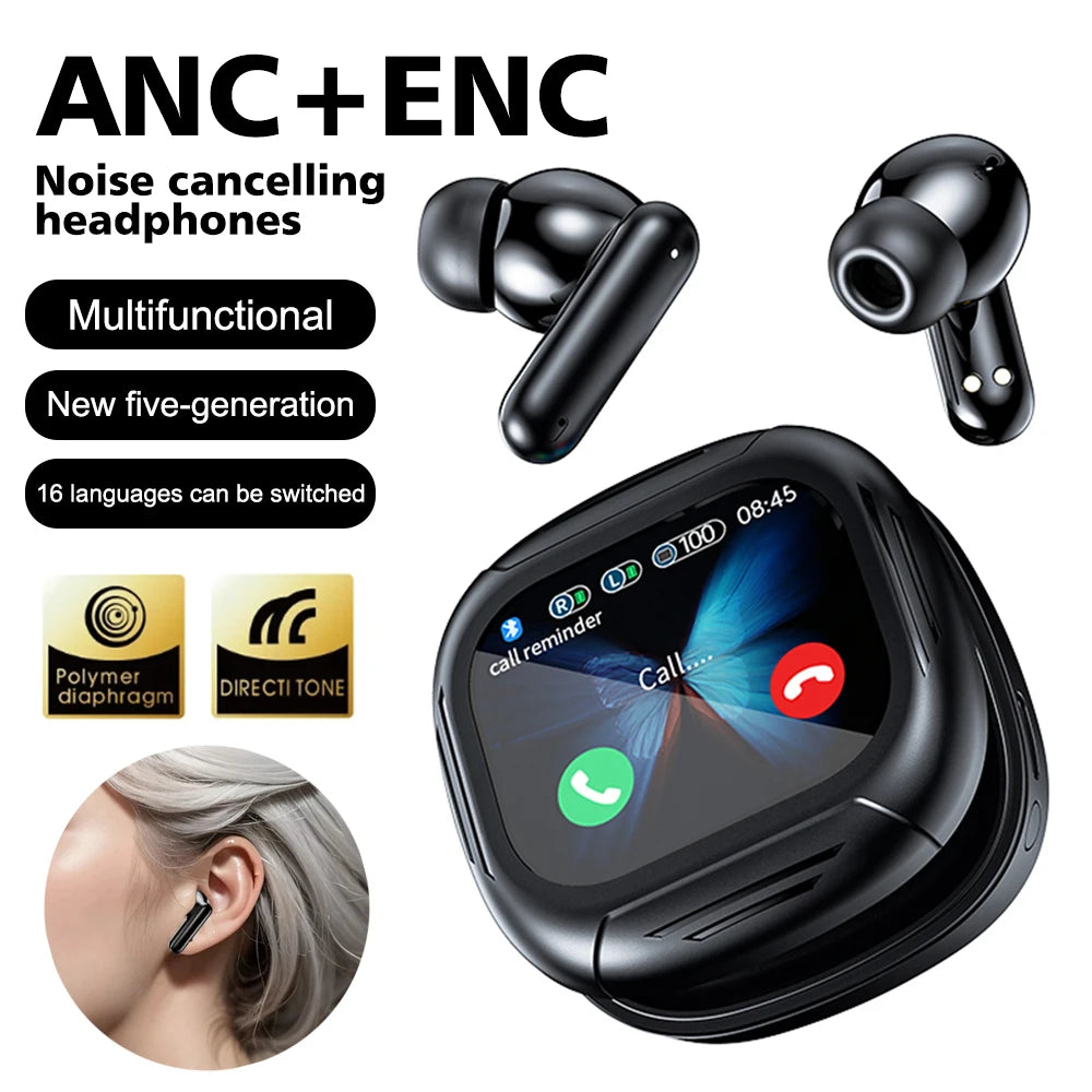Full Touch Screen Headphone ANC Bluetooth 5.4 Noise Cancelling Earphone HiFi Stereo Wireless In Ear ENC Earbuds With Mic