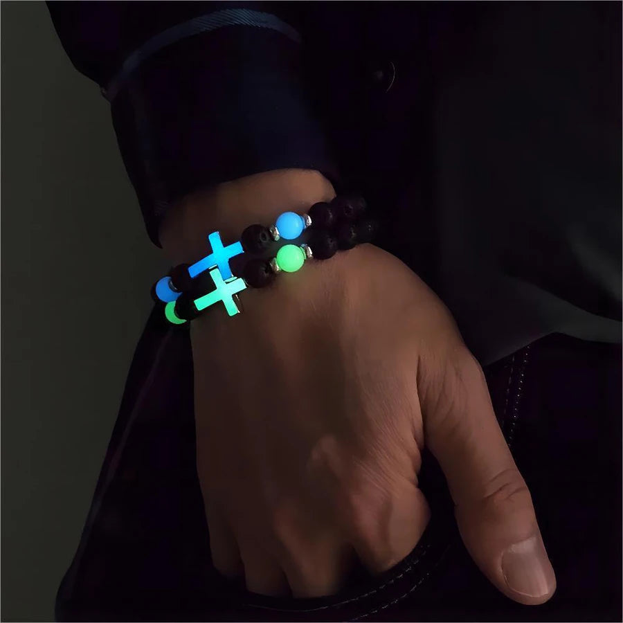 New Fashion Vintage Luminous Cross Volcano Stone Beaded Energy Bracelet for Women Men Niche Design Hiphop Party Jewelry Gifts