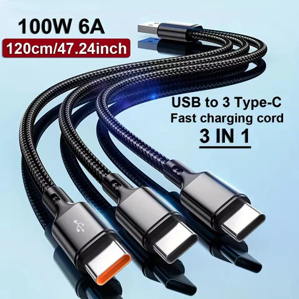 3 In 1 100W 6A USB-A to 3 Type-C Fast Charging Cable For iPhone 15-17 Samsung Xiaomi Android Phone USB C Data Transfer Cord