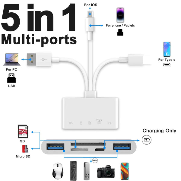 5 in 1 USB OTG Adapter SD TF Memory Card Reader with Charging Port for iPhone iPad Xiaomi Samsung Huawei PC Accessories