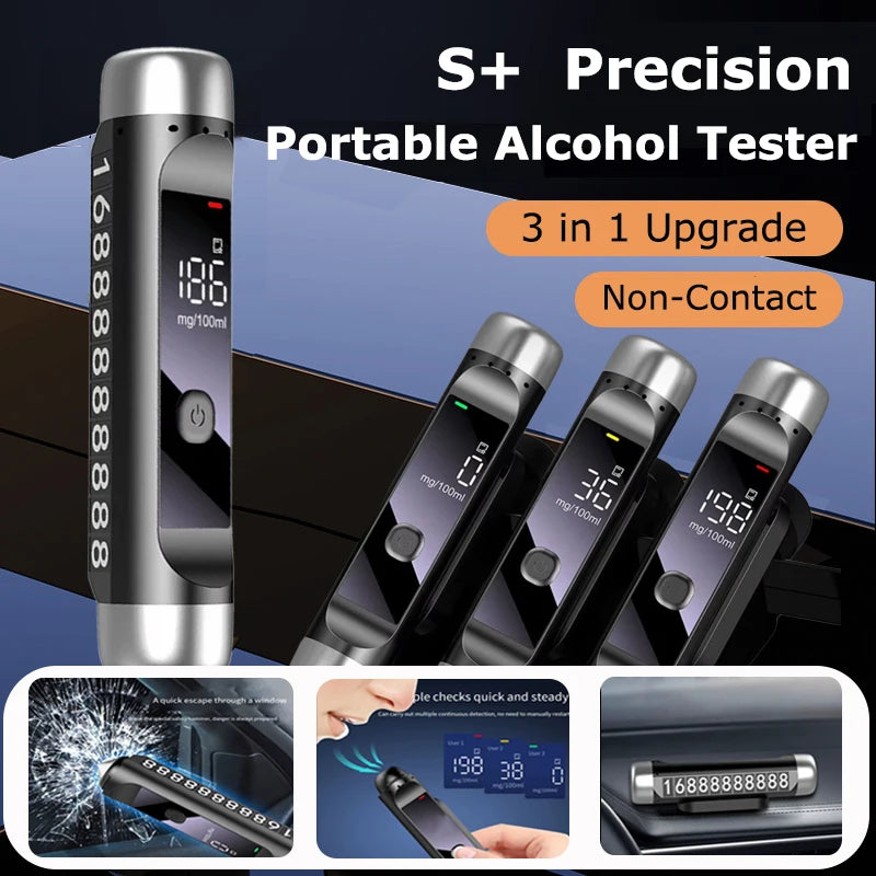 Car 3-in-1 Alcohol Tester Parking License Plate Window Breaker LCD Digital Display Non-Contact Alcohol Tester