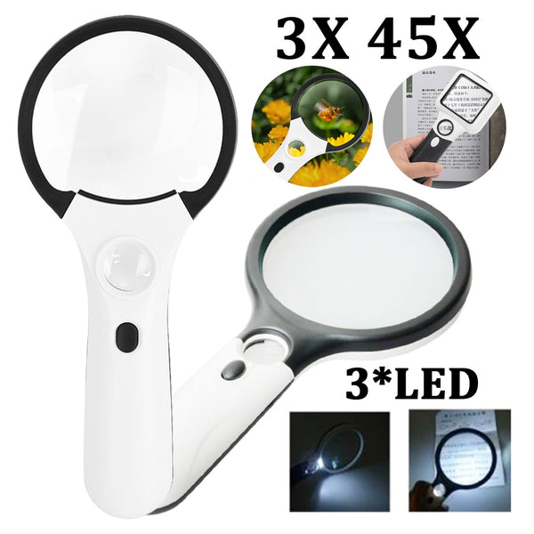3X 45X Lenses Magnifier 3 LED Light Handheld Reading Magnifying Glass Lens Jewelry Watch Loupe Reading Lens Magnification Aid