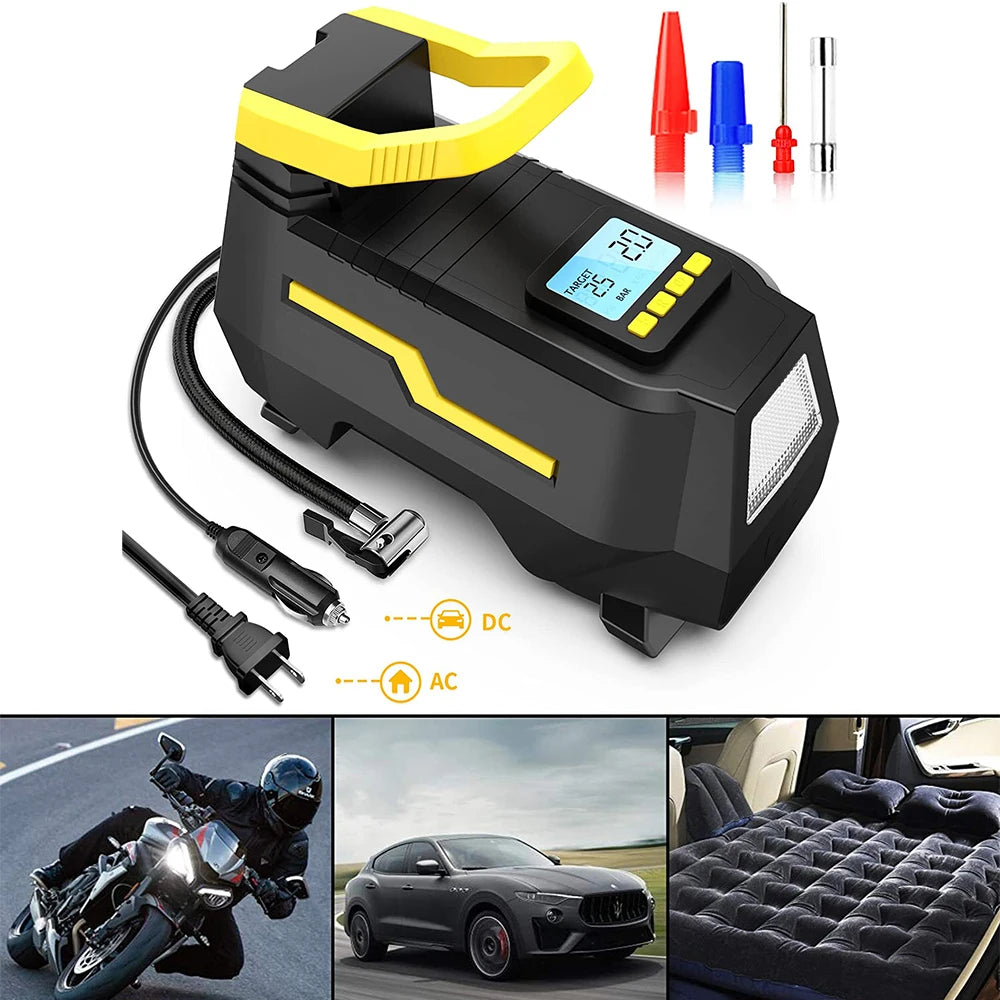 Car/Home Tyre Inflator 110V-220V AC/DC 12V Air Compressor 2-in-1 Dual Power Portable Electric Air Pump for Home/Car