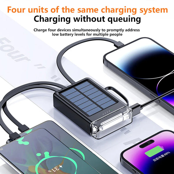 Mini 10000mAh Solar Power Bank 4 Cables and 2 USB Outputs can charge 5 devices simultaneously WITH Powerful LED Light and Battery Indicator