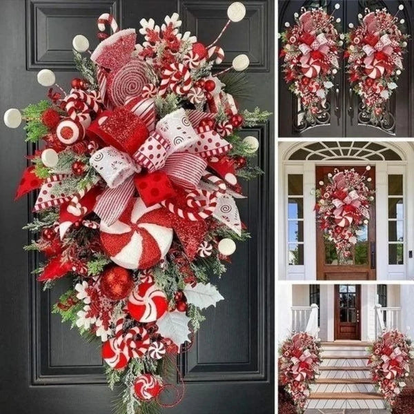 2023 Christmas Wreath Candy Cane Artificial Wreath Window Door Hanging Garlands Rattan Home Christmas Decoration