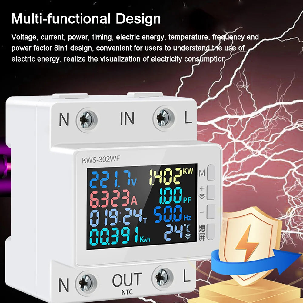 WiFi Smart Life 8in1 Power Meter 2P AC Energy Meter APP Control 170-270V/63A Voltage and Current Meter Electricity Meter