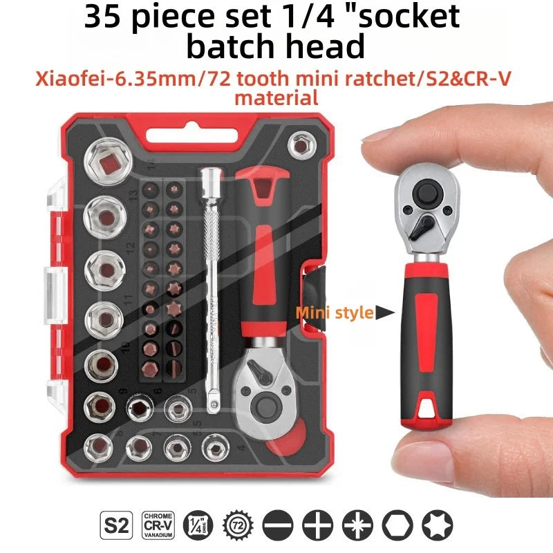 35pcs 72 tooth ratchet wrench, CR-V 1/4 "-6.35MM socket wrench set, Y-shaped slotted hexagonal cross screwdriver head toolbox
