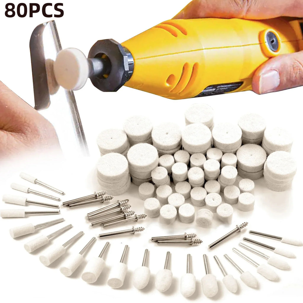 80Pcs Set Wool Felt Polishing Wheel Kit – Mirror Finish for Metal, Jade and Glass Rotary Tool Accessories