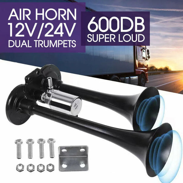 600DB Car Moto Horn Super Loud Dual Trumpet Air Horn Compressor 12V/24V For Car Truck Moto Boat Train Horn Hooter For Auto Sound Signal
