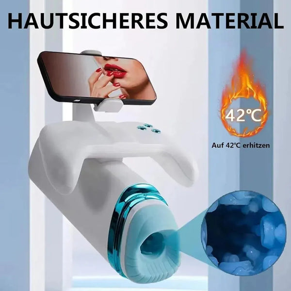 Automatic Male Masturbator Men Realistic Pussy with Cell Phone Holder and Handle One Click Orgasmic Toys 42° Heat Deep Throat Sucking