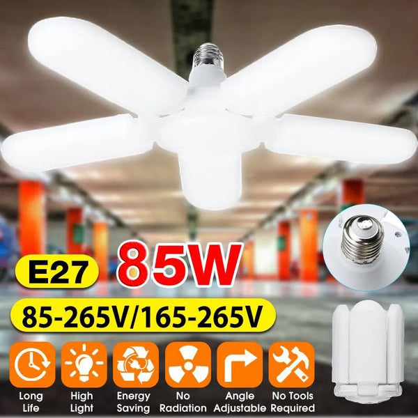 85W 5+1 Blades LED Bulb Fan Blade E27 Lamp AC85-265V Deformable LED Ceiling Garage Light Adjustable Shop Ceiling Lamp