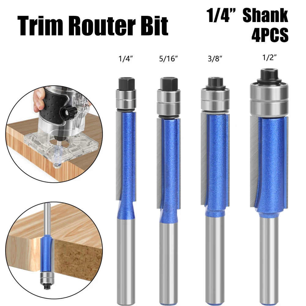4PCS 1/4-inch Shank Double-Bearing Trimmer Cutter Heads Double-Edged Milling Machine Cutting Carbide Woodworking Milling Cutters Suitable for Solid Wood, Particle Board, MDF