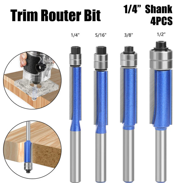 4PCS 1/4-inch Shank Double-Bearing Trimmer Cutter Heads Double-Edged Milling Machine Cutting Carbide Woodworking Milling Cutters Suitable for Solid Wood, Particle Board, MDF