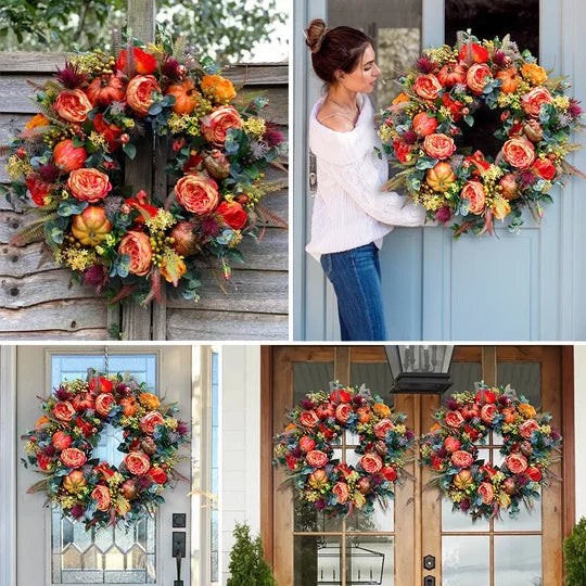 Peony And Pumpkin Wreath for Front Door Home Farmhouse Decor Festival Celebration Wreath Decor