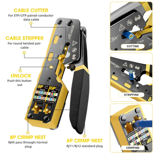 RJ45 Crimping Tool Pass Through Crimper for Cat6/5e/5 Ethernet Connector All-in-one Wire Tool With Replacement Blade