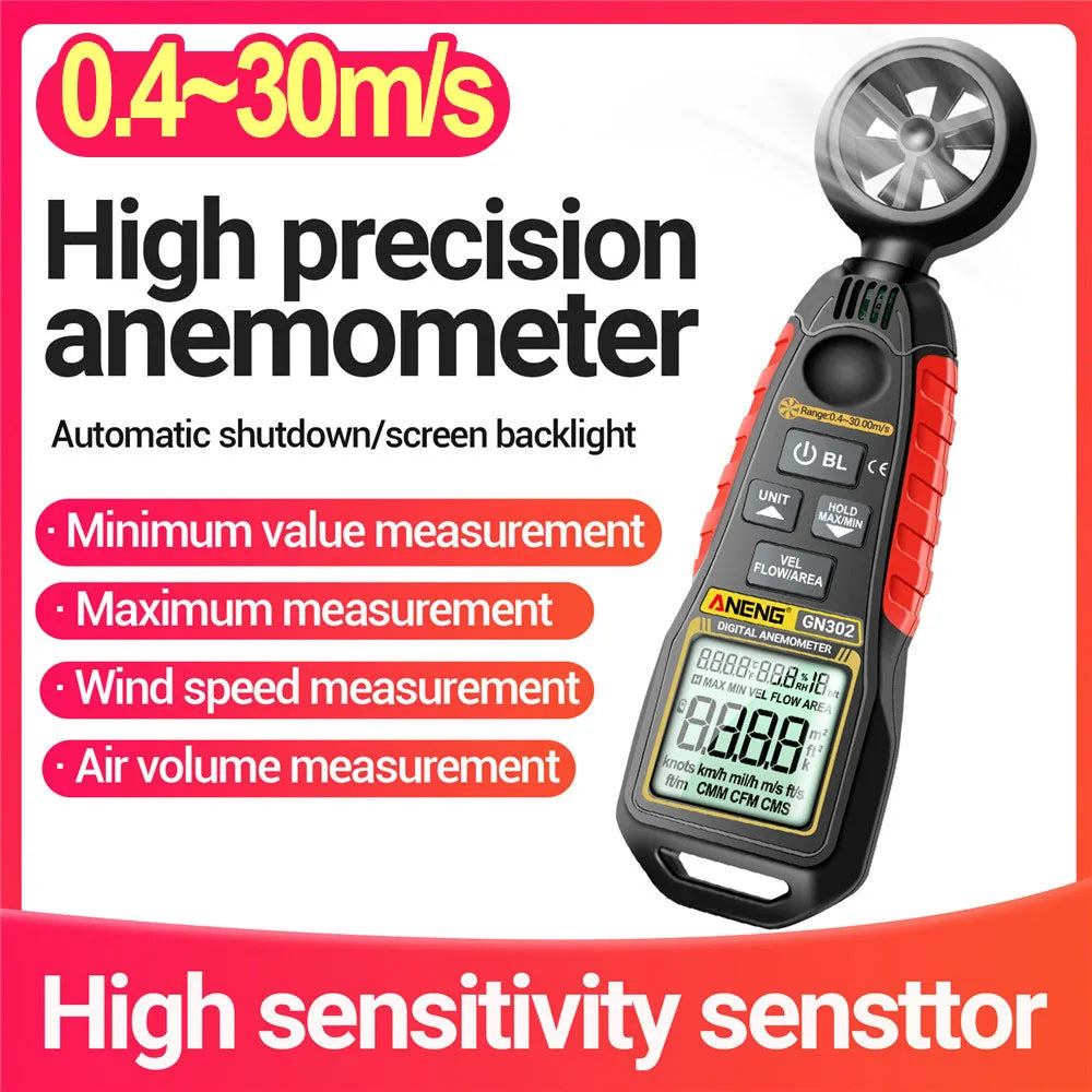 Handheld Anemometer LCD 4 digits 9999 count Digital Anemometer 0.4~30.00m/s Speed Measurement Temperature & Humidity Tester