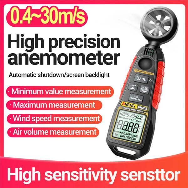 Handheld Anemometer LCD 4 digits 9999 count Digital Anemometer 0.4~30.00m/s Speed Measurement Temperature & Humidity Tester