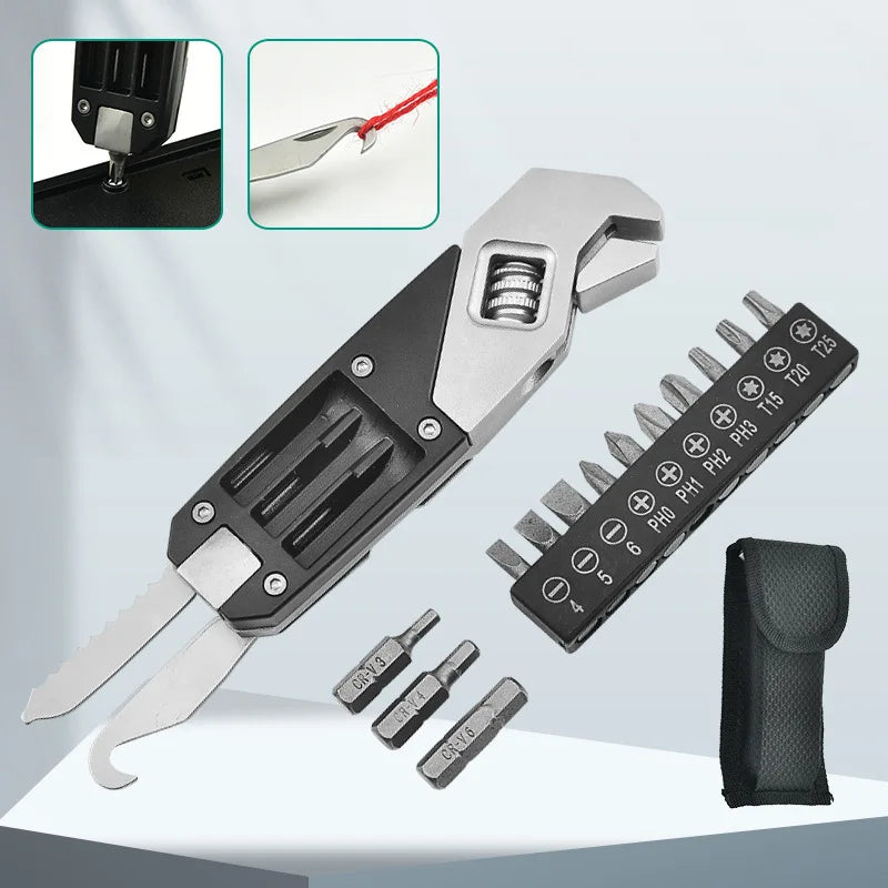 Foldable Multi-Tool Adjustable Wrench – Stainless Steel EDC Tool with Hex Wrenches & Screwdriver Bits – Home, Outdoor, Bike Repair