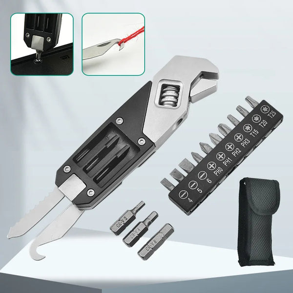 Foldable Multi-Tool Adjustable Wrench – Stainless Steel EDC Tool with Hex Wrenches & Screwdriver Bits – Home, Outdoor, Bike Repair