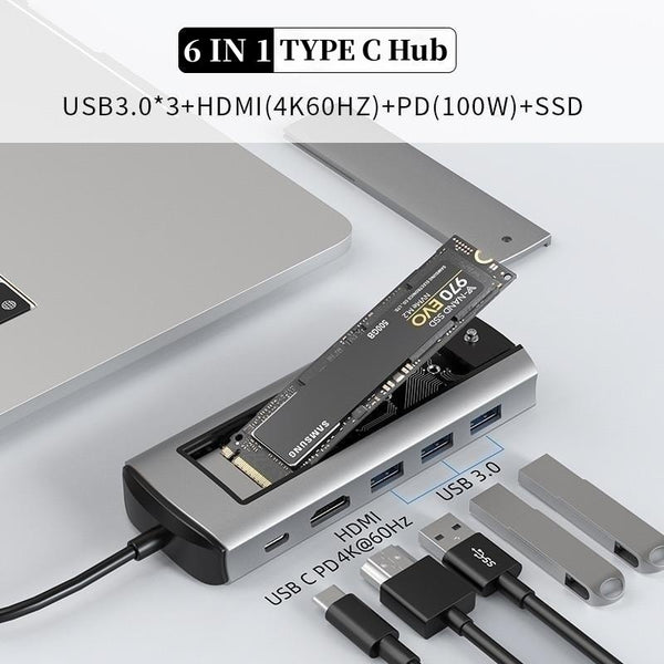 6 in 1 M.2 SSD Case USB C HUB 4K 60Hz Type C 3 USB3.0 Port Splitter Dock with Hard Drive Enclosure for Desktop Laptop Adapte