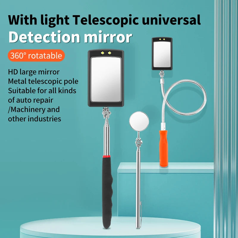 360° Inspection Mirror Rotatable LED Light Examine Automobile Chassis Extend Repair Tools Telescopic Inspection Mirrors