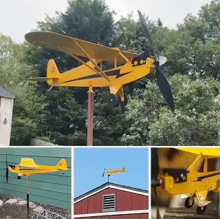 3D Piper J3 Cub Wind Spinner Plane Metal Airplane Weather Vane Outdoor Roof Wind Direction Indicator WeatherVane Garden Decor