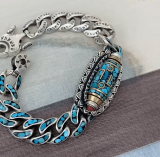 High-end Natural Turquoise Bracelet Personalized Six-character Mantra and Nine-eye Dzi Bead Bracelet